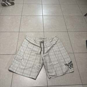 Mission Bay Plaid Board Shorts, White/Tan Cargo Surf Trunks